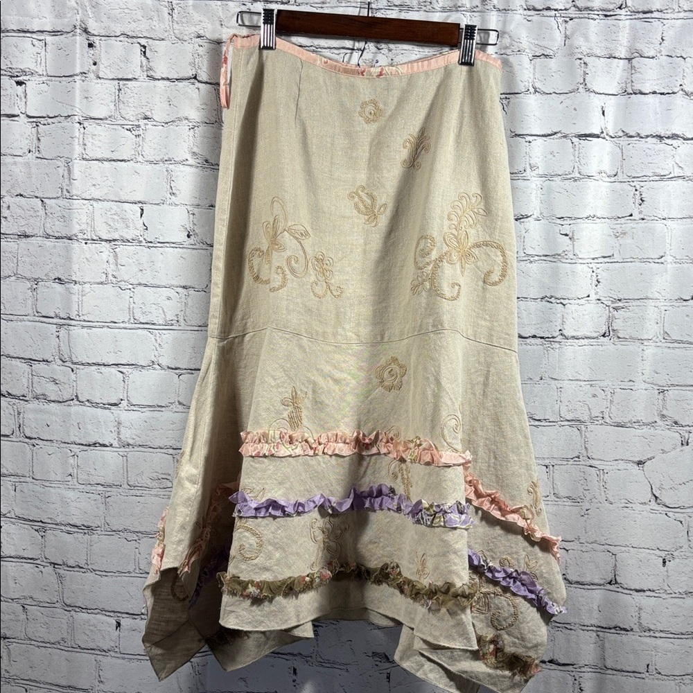 J. Jill Beige Midi Skirt with Pink & Lavender Ruffle Trim